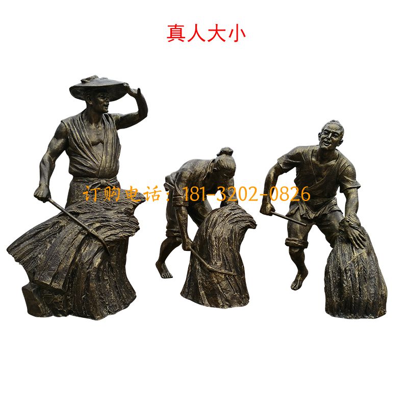 玻璃钢农耕仿铜人物雕塑-农耕割麦人物