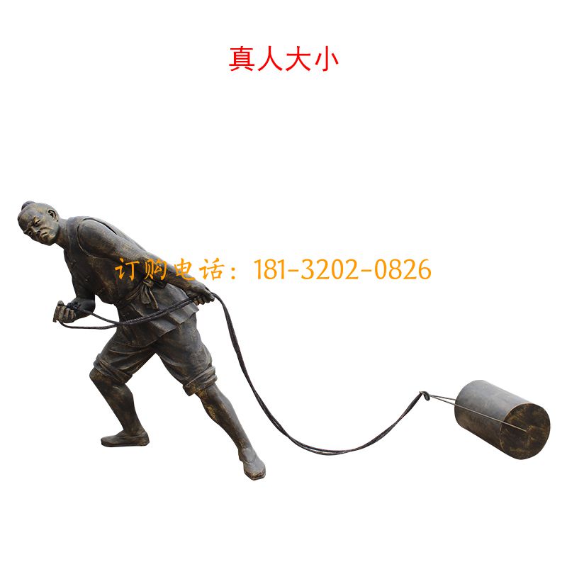 玻璃钢仿铜农耕人物雕塑-农耕拉溜柱人物
